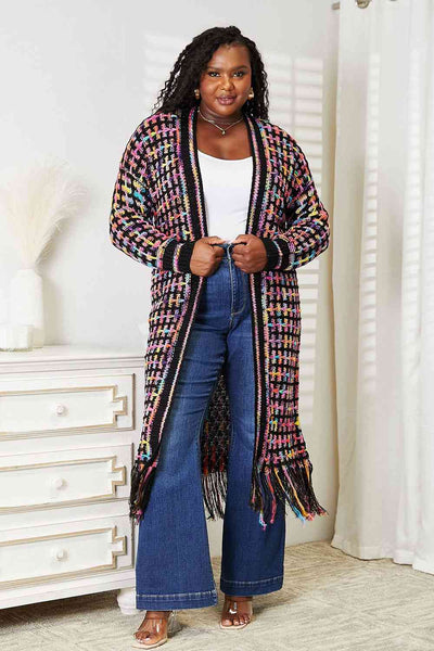 Double Take Full Size Multicolored Open Front Fringe Hem Cardigan - House of Barvity