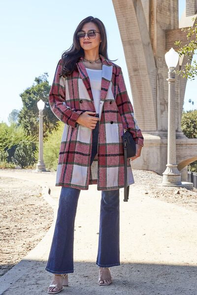 Double Take Full Size Plaid Button Up Lapel Collar Coat - House of Barvity