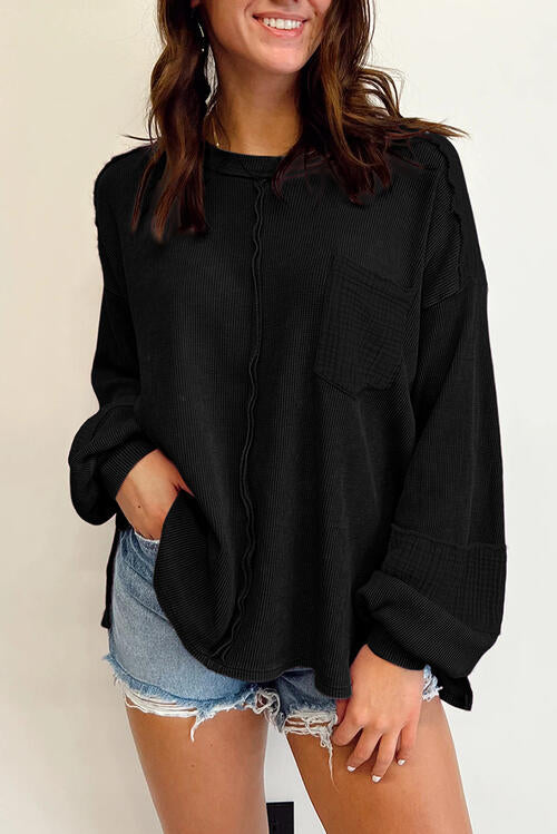 Waffle-Knit Exposed Seam Lantern Sleeve Blouse - House of Barvity