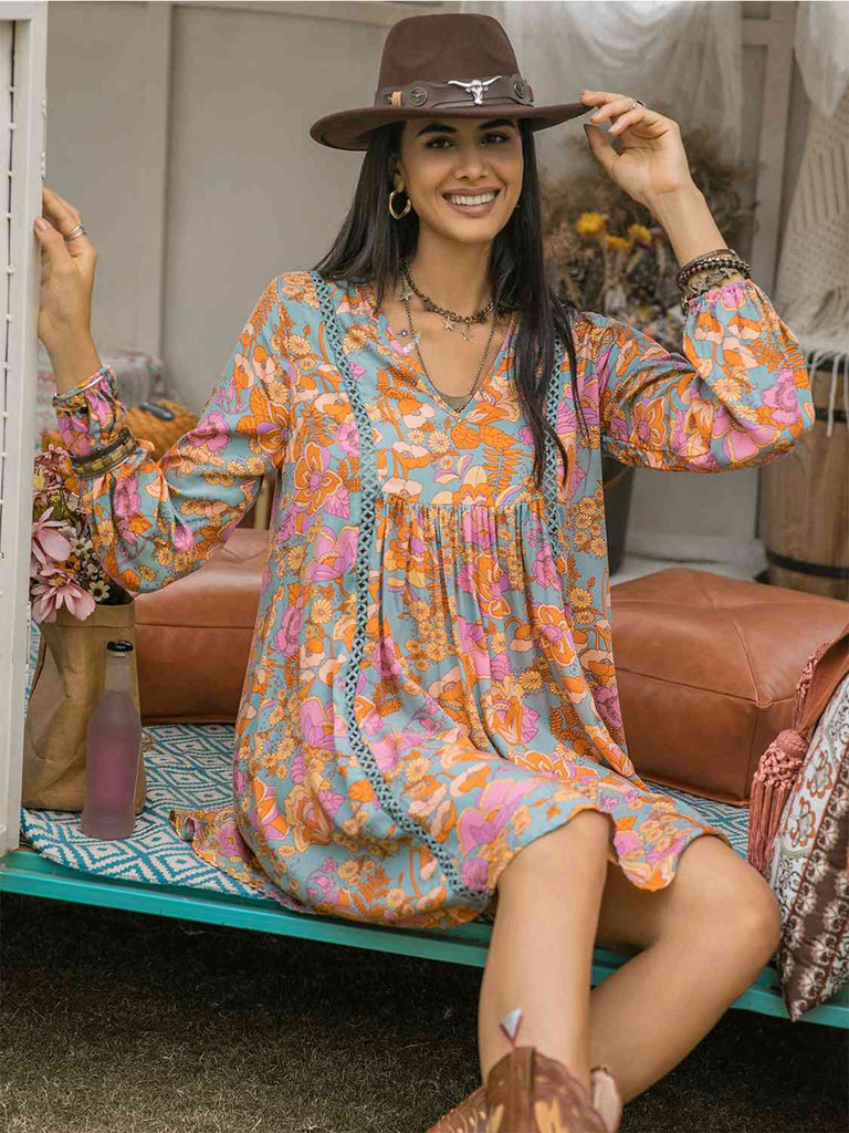 Floral Ruched V-Neck Long Sleeve Dress - House of Barvity