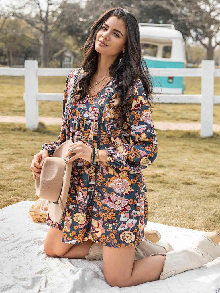 Floral Ruched V-Neck Long Sleeve Dress - House of Barvity