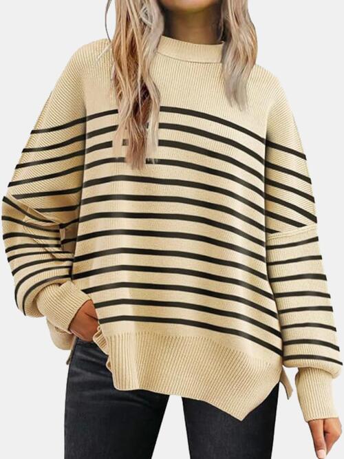 Round Neck Drop Shoulder Slit Sweater - House of Barvity