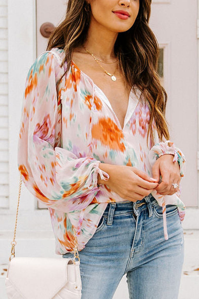 Printed Tie Neck Long Sleeve Blouse - House of Barvity