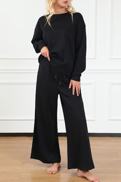 Double Take Full Size Textured Long Sleeve Top and Drawstring Pants Set - House of Barvity