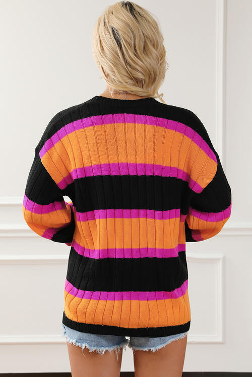 Ribbed Striped Open Front Long Sleeve Cardigan - House of Barvity