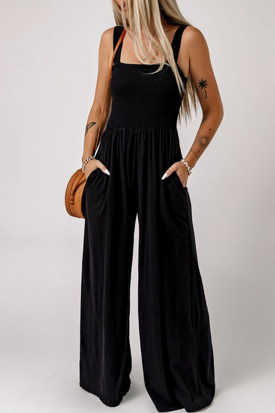 Smocked Square Neck Wide Leg Jumpsuit with Pockets - House of Barvity