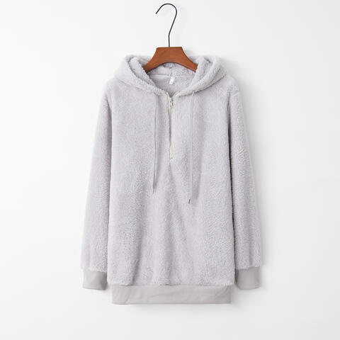 Quarter-Zip Drawstring Teddy Hoodie - House of Barvity