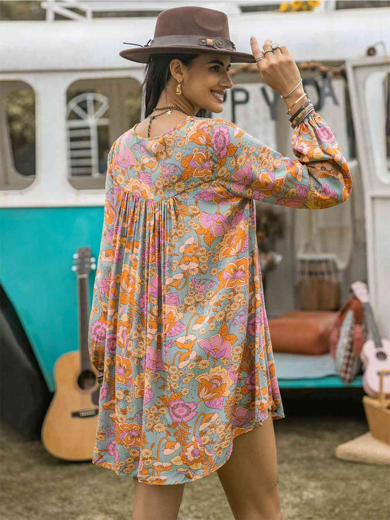 Floral Ruched V-Neck Long Sleeve Dress - House of Barvity