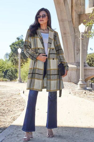 Double Take Full Size Plaid Button Up Lapel Collar Coat - House of Barvity