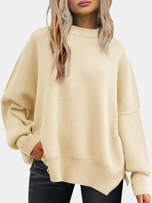 Round Neck Drop Shoulder Slit Sweater - House of Barvity