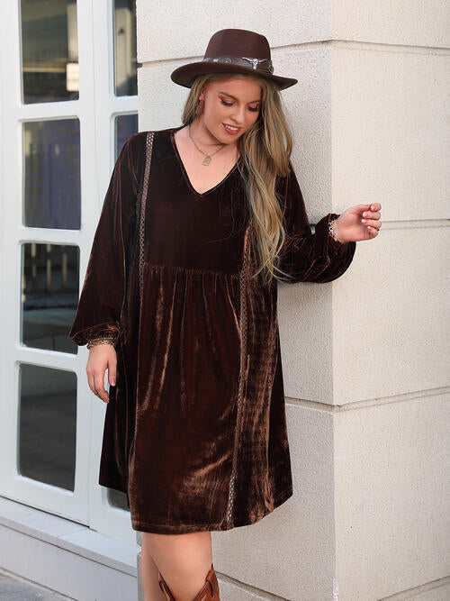 Plus Size V-Neck Balloon Sleeves Dress - House of Barvity