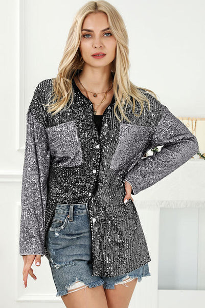 Sequin Button Up Collared Neck Shirt - House of Barvity