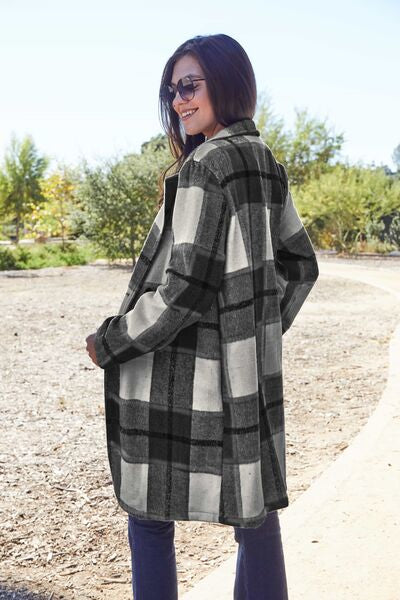 Double Take Full Size Plaid Button Up Lapel Collar Coat - House of Barvity