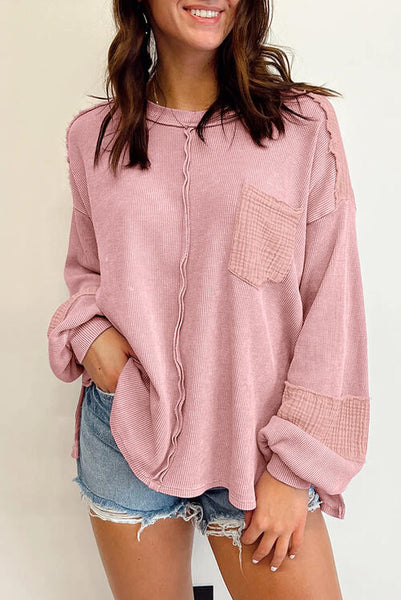 Waffle-Knit Exposed Seam Lantern Sleeve Blouse - House of Barvity