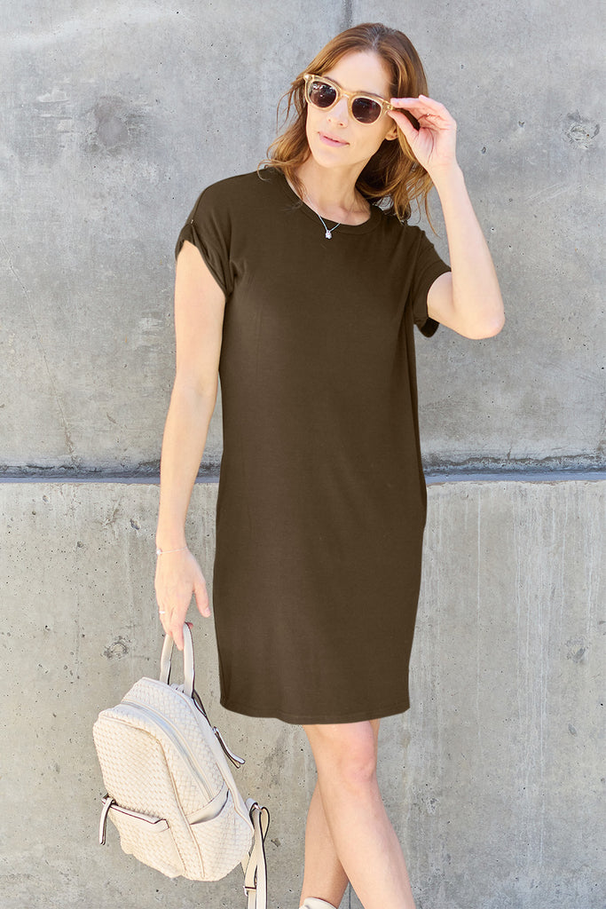 Basic Bae Full Size Round Neck Short Sleeve Dress with Pockets - House of Barvity