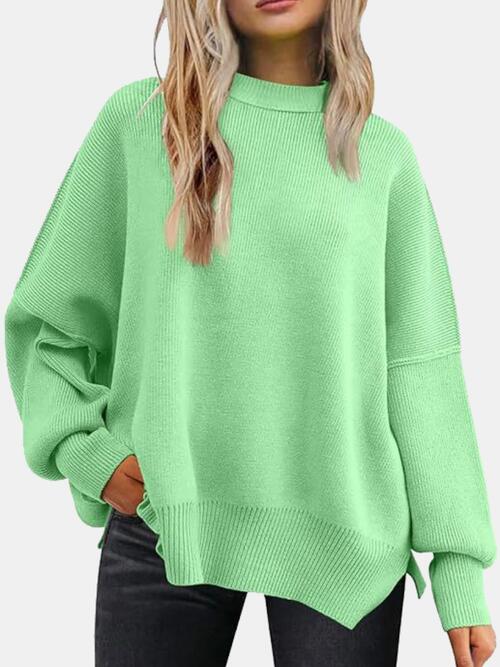 Round Neck Drop Shoulder Slit Sweater - House of Barvity