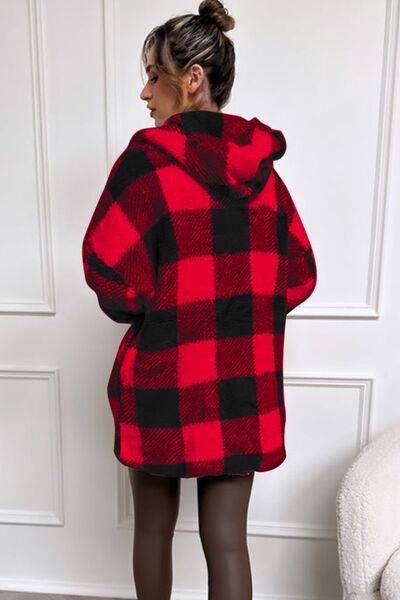 Double Take Full Size Plaid Long Sleeve Hooded Coat - House of Barvity