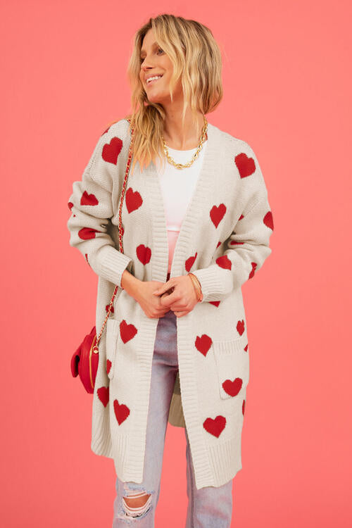 Heart Graphic Open Front Cardigan with Pockets - House of Barvity