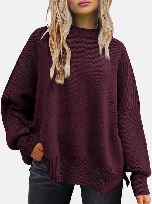 Round Neck Drop Shoulder Slit Sweater - House of Barvity