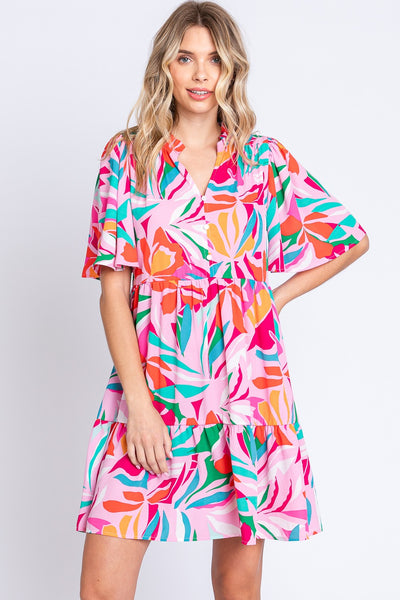 GeeGee Printed Short Sleeve Ruffle Hem Dress - House of Barvity