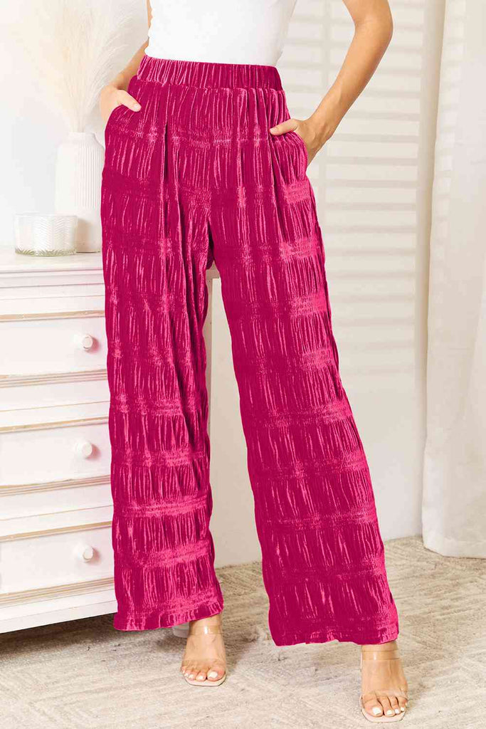 Double Take Full Size High Waist Tiered Shirring Velvet Wide Leg Pants - House of Barvity