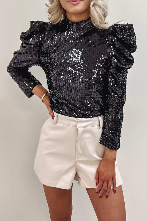 Sequin Mock Neck Leg-Of-Mutton Sleeve Top - House of Barvity
