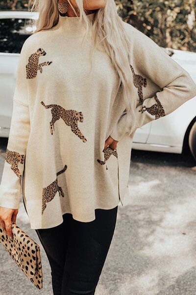 Animal Pattern Mock Neck Long Sleeve Slit Sweater - House of Barvity