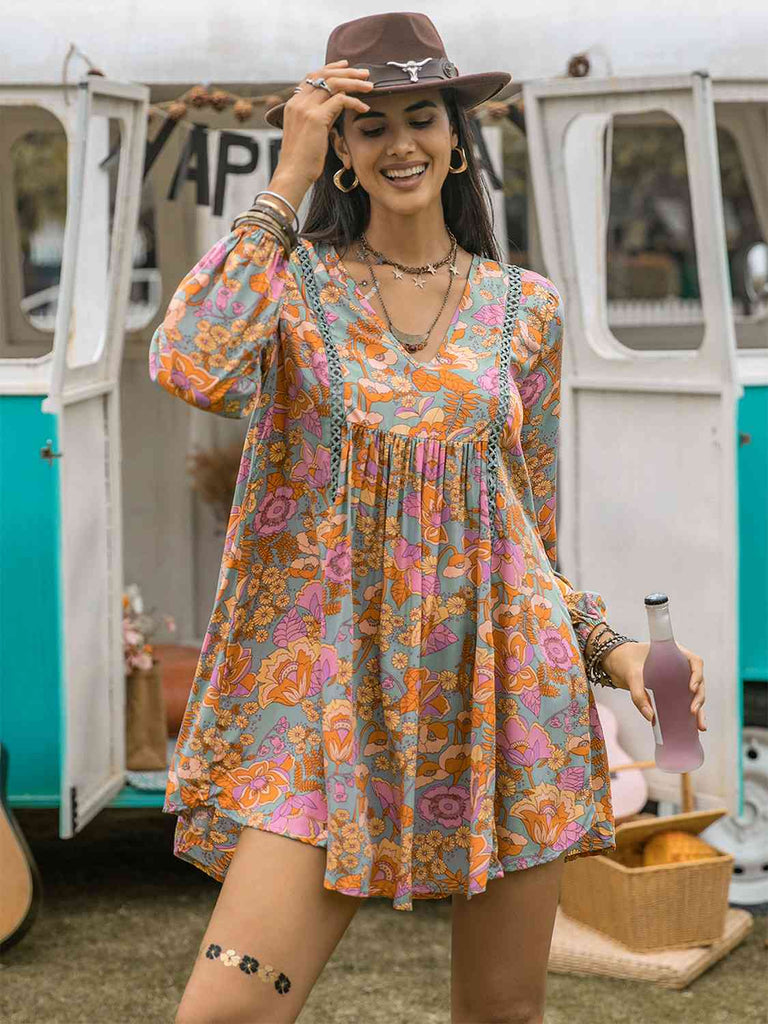 Floral Ruched V-Neck Long Sleeve Dress - House of Barvity