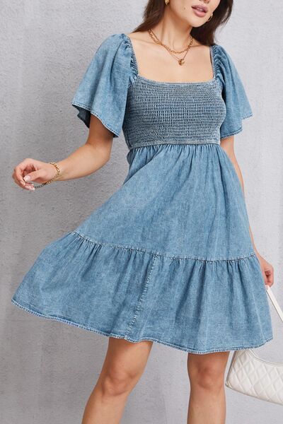 Smocked Square Neck Mini Denim Dress - House of Barvity