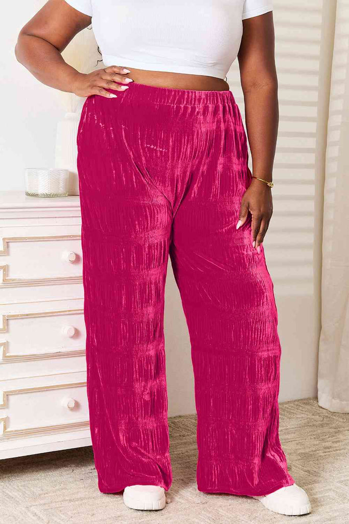 Double Take Full Size High Waist Tiered Shirring Velvet Wide Leg Pants - House of Barvity