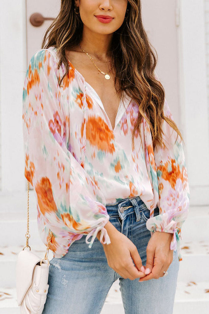 Printed Tie Neck Long Sleeve Blouse - House of Barvity