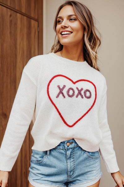 XOXO Heart Round Neck Dropped Shoulder Sweater - House of Barvity