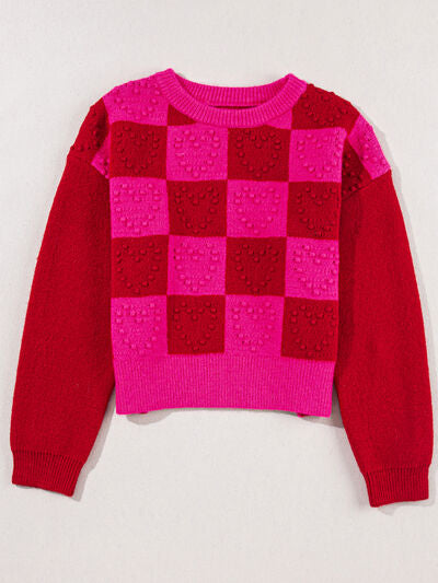 Plaid Heart Round Neck Sweater - House of Barvity