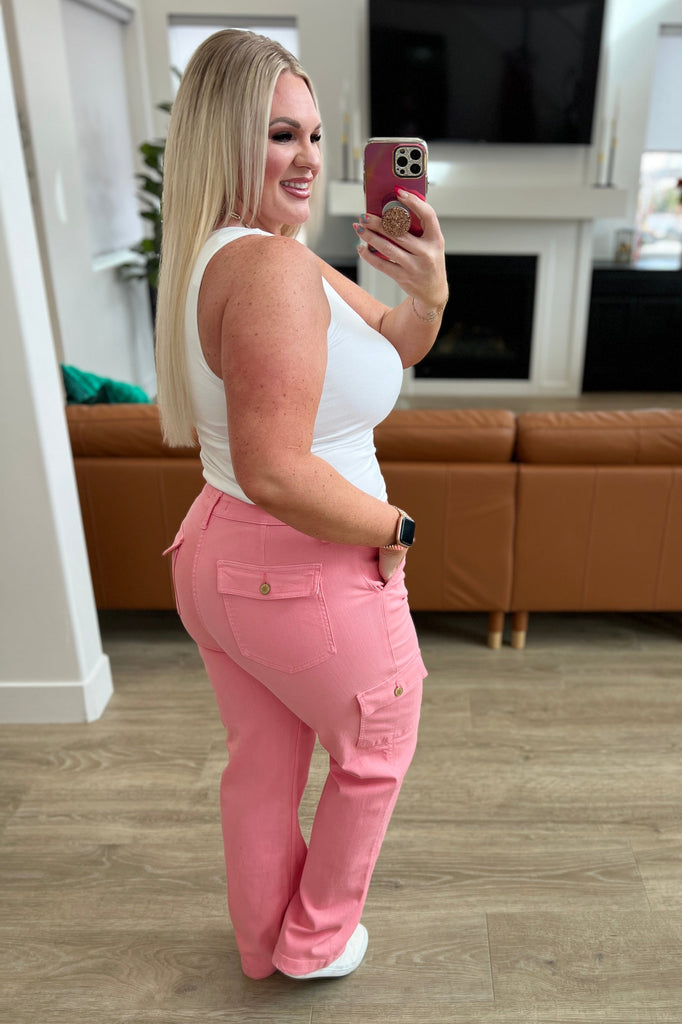 Peggy High Rise Cargo Straight Jeans in Pink - House of Barvity