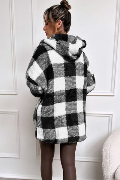 Double Take Full Size Plaid Long Sleeve Hooded Coat - House of Barvity