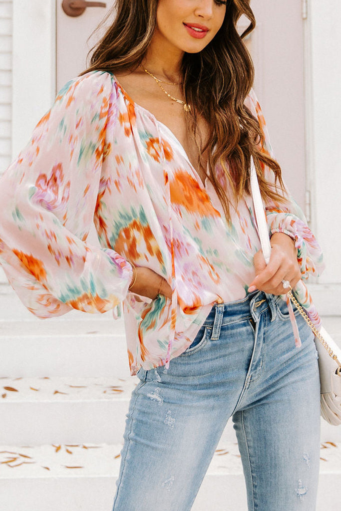 Printed Tie Neck Long Sleeve Blouse - House of Barvity