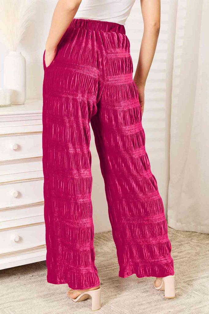 Double Take Full Size High Waist Tiered Shirring Velvet Wide Leg Pants - House of Barvity