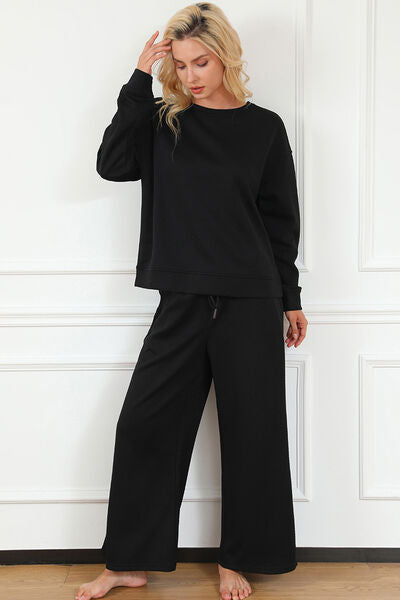 Double Take Full Size Textured Long Sleeve Top and Drawstring Pants Set - House of Barvity