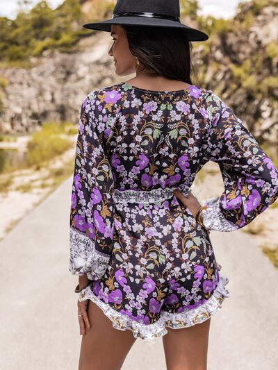 Printed Frill Half Button Balloon Sleeve Romper - House of Barvity