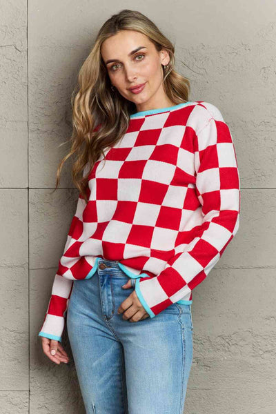 Checkered Round Neck Sweater - House of Barvity