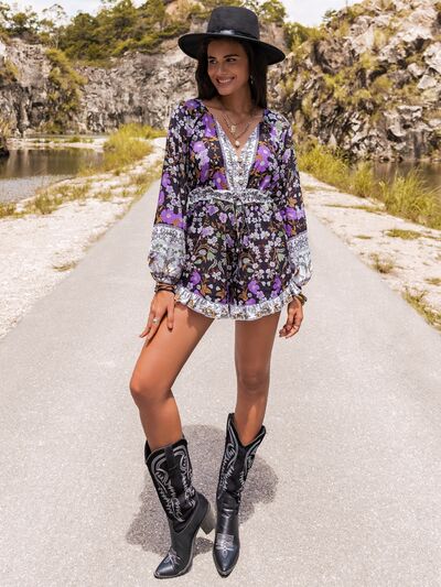 Printed Frill Half Button Balloon Sleeve Romper - House of Barvity