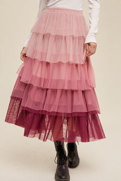 Elastic Waist Layered Tulle Midi Skirt - House of Barvity