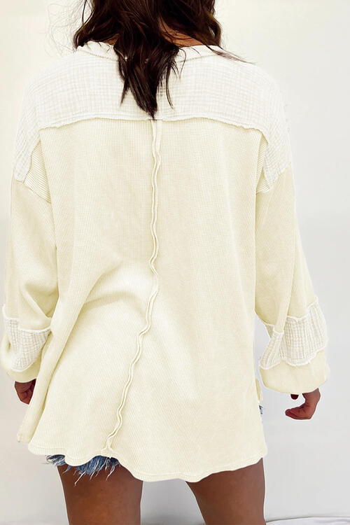 Waffle-Knit Exposed Seam Lantern Sleeve Blouse - House of Barvity