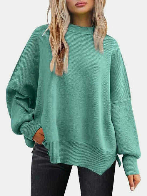 Round Neck Drop Shoulder Slit Sweater - House of Barvity