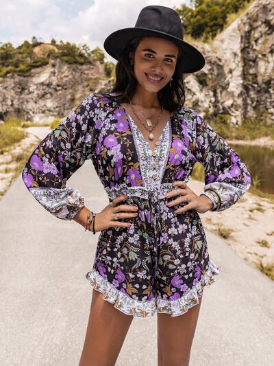 Printed Frill Half Button Balloon Sleeve Romper - House of Barvity