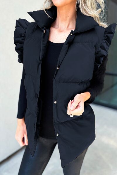 Ruffled Snap Down Mock Neck Vest Coat - House of Barvity