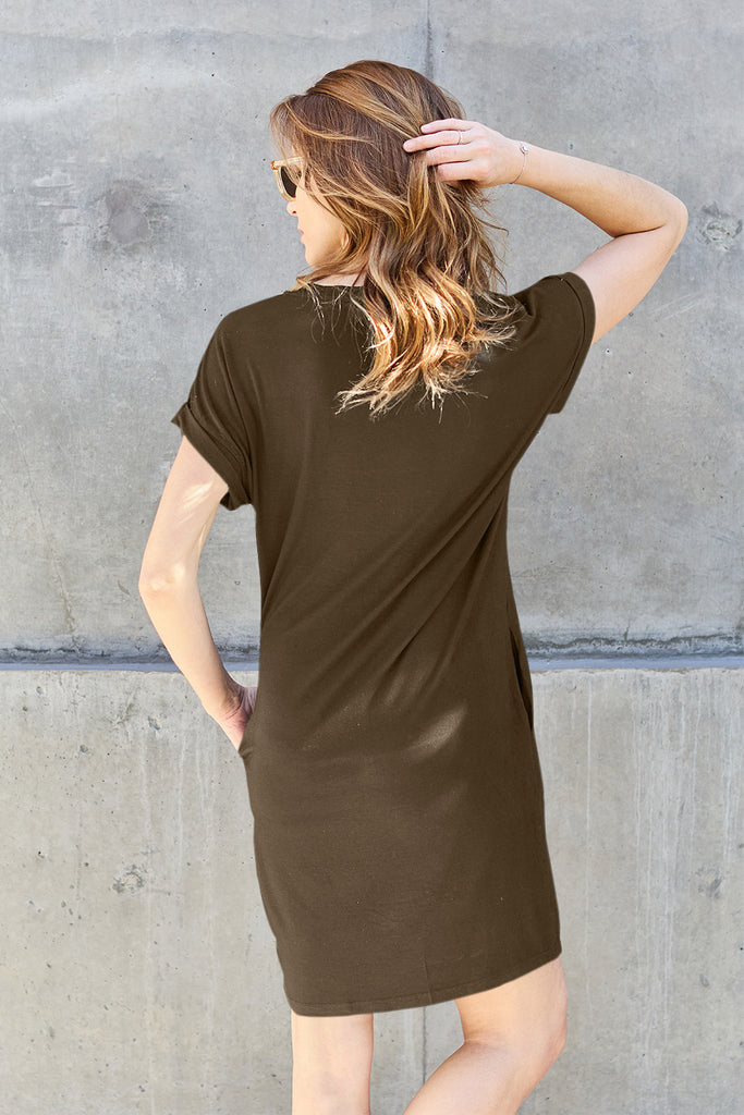 Basic Bae Full Size Round Neck Short Sleeve Dress with Pockets - House of Barvity