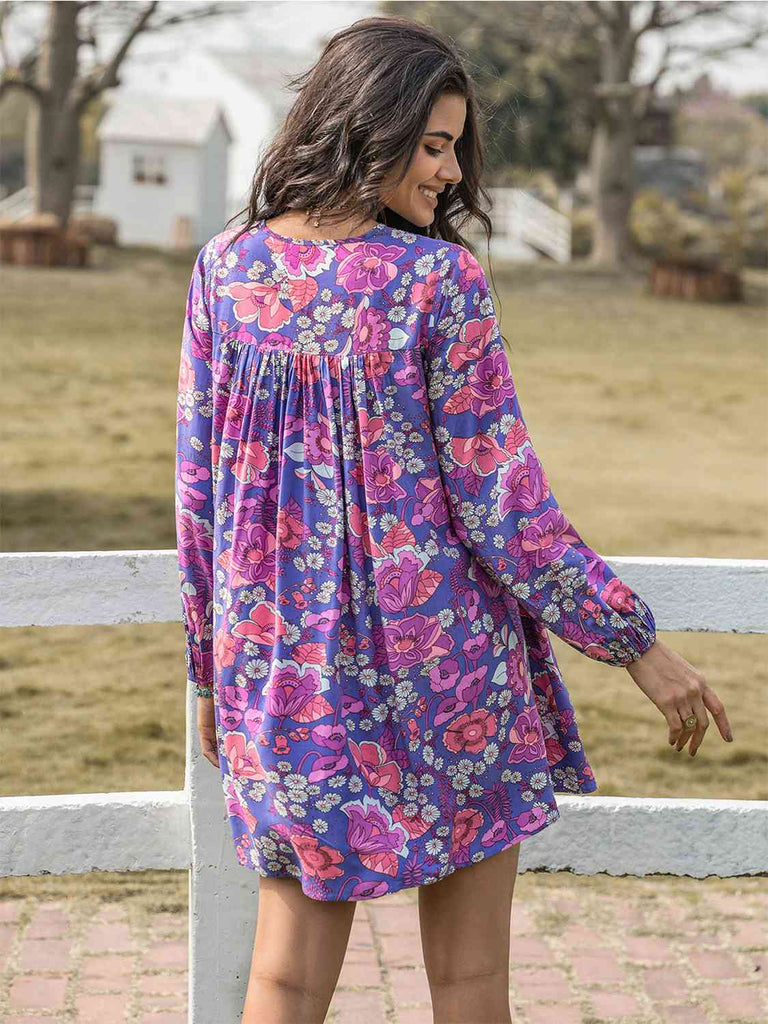 Floral Ruched V-Neck Long Sleeve Dress - House of Barvity