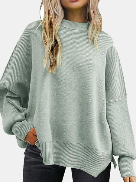 Round Neck Drop Shoulder Slit Sweater - House of Barvity