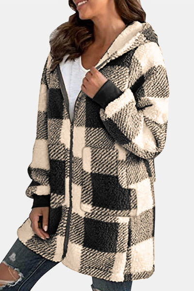 Double Take Full Size Plaid Long Sleeve Hooded Coat - House of Barvity